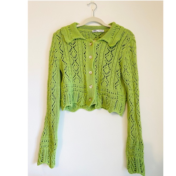 New Zara Lime Green Crochet Cardigan S 
